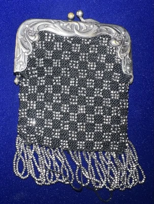 Antique Victorian Silver And Black Handbag/ Purse Silver plated  - Image 1 of 4
