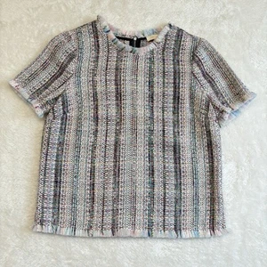 Etcetera Tweed Fringe Short Sleeve Back Zip Multicolor Top Small - Picture 1 of 10