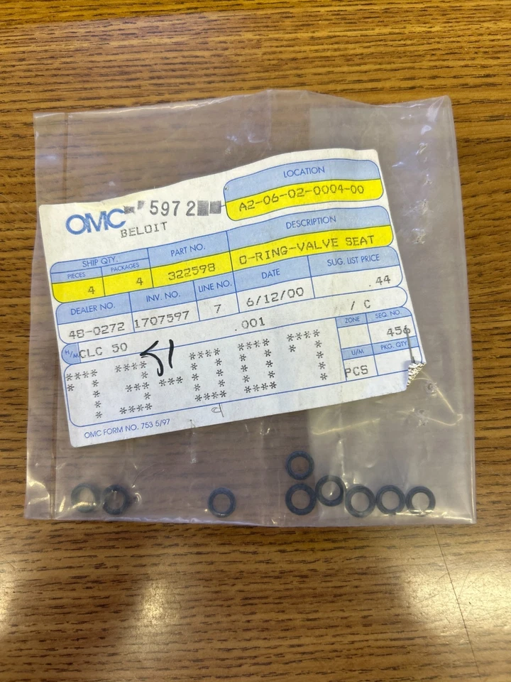 Junta tórica asiento válvula B151 OMC Evinrude Johnson 322598 0322598 OEM Foto 1 de 1