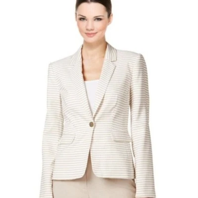 Calvin Klein White & Tan Striped Blazer SIZE 6 - Image 1 of 4