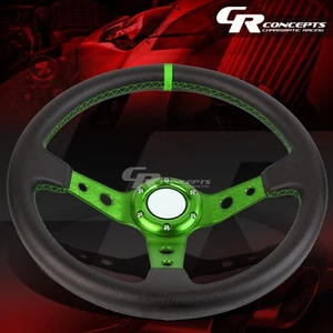 BLACK TRI-SPOKE PVC LEATHER 6-BOLT ALUMINUM RACING STEERING WHEEL GREEN TRIM - Picture 1 of 5
