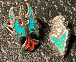 Vintage Turquoise Coral Chip Thunderbird Ring Size 8 signed plus arrowhead pin - Bild 1 von 4