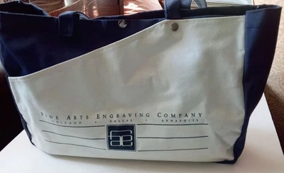 VTG COTTON CANVAS TOTE BAG NAVY BLUE & WHITE FINE ARTS ENGRAVING CO CHICAGO... - Image 1 of 4