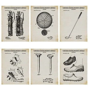 Juego de 6 carteles de golf con estampado de patentes de golf rústicos - inventos de golf - regalo para golfistas - Imagen 1 de 4