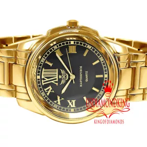Mens Black Dial Roman Numeral Face Water Resistant Metal Band Wrist Watch 45mm - Picture 1 of 5