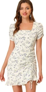 Women's Ruched Front Square Neck Ruffle Hem Puff Short Sleeves Floral Dress - Picture 1 of 6