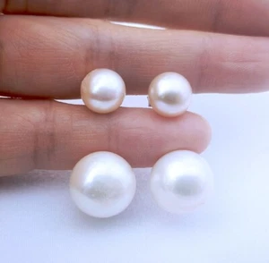 Pendiente Doble Cuentas Rosa Blanco Botón Perla Agua Dulce con Tachuela Plata de Ley - Imagen 1 de 9