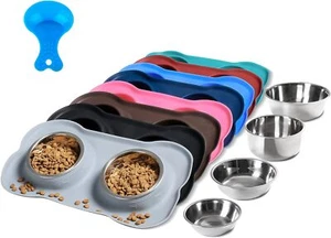 Pet Dog Bowls 2 Stainless Steel Bowl with No Spill Non-Skid Silicone Mat,Scoop - Picture 1 of 7