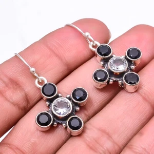 White Topaz & Black Onyx 925 Sterling Silver Earring 1.56" E25 Valentine Gift - Picture 1 of 3