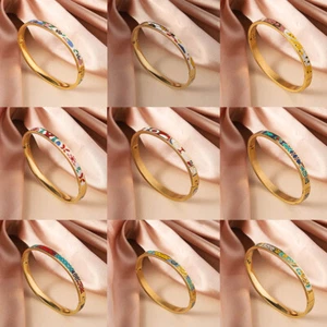 Exquisite Enamel Colored Bracelet Geometric Drip Oil Flower Bangle For Women - Picture 1 of 20