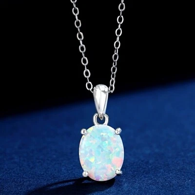 S925 Solid Sterling Silver Created Opal White Rainbow Single Oval Drop Necklace - Image 1 of 4