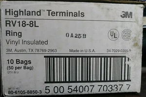3M RV18-8L HIGHLAND TERMINALS RED VINYL INSULATED RING 22 - 18 AWG 500 COUNT NEW - Picture 1 of 9