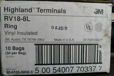 3M RV18-8L HIGHLAND TERMINALS RED VINYL INSULATED RING 22 - 18 AWG 500 COUNT NEW - Image 1 of 4