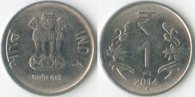India 2014 1 Rupee Bombay KM# 394 Ashoka Lions Lotus Flowers Mintage: Unknown - Image 1 of 3