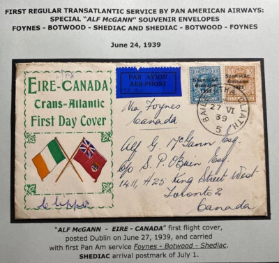 1939 Дублин Ирландия первый полет Обложка в Торонто Канада AlF G McGann конверт - Изображение 1 из 3