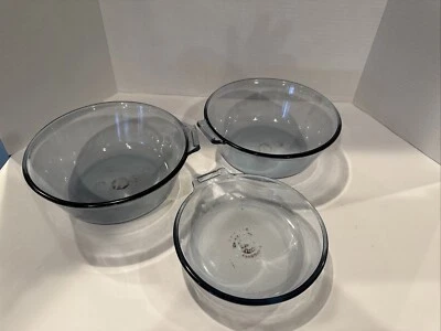 Vintage Pyrex Flameware Blue Glass Bowls Serving Dishes 832 833 834 7" to 9" Dia - Image 1 of 4