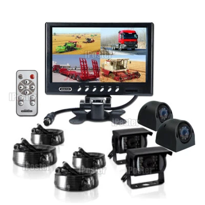 9" QUAD SPLIT SCREEN MONITOR WITH SIDE REAR VIEW CCD CAMERA SYSTEM FOR TRUCK RV - Image 1 of 4
