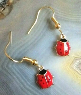 Ohrringe vergoldet Emaille Glückskäfer Glücksbringer 29mm romantisch anmutig süß - Bild 1 von 4