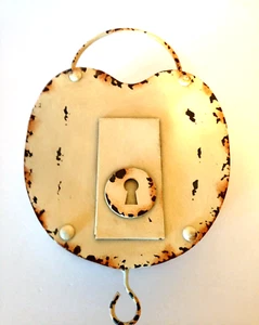 Rustic Metal Faux Old Style Padlock Home Wall Art Decor Distressed Off White 12" - Picture 1 of 5