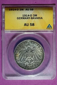 1914 D ANACS AU58 German States Kingdom of Bavaria 3 Mark Silver Coin #B48142 - Picture 1 of 2