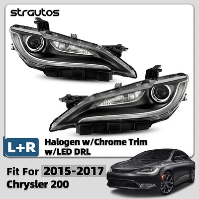 Halogen Headlight For 2015-2017 Chrysler 200 w/LED DRL w/Chrome Trim Left+Right - Image 1 of 4