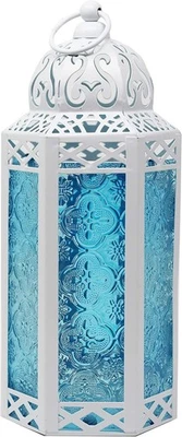 Linterna marroquí blanca mediana con vidrio azul - perfecta para Ramadán y bodas Foto 1 de 4