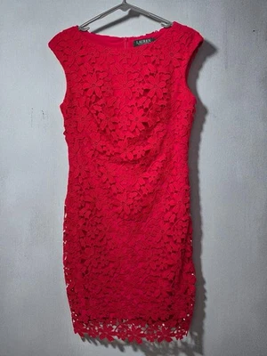 LAUREN RALPH LAUREN $149 Red Embroidered Guipure Lace Sheath Dress Size 6 - Image 1 of 4