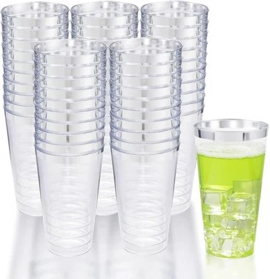 LIYH 100 Pcs 16 oz Silver Plastic Cups - Clear Plastic Tumblers with Silver R... - Image 1 of 4