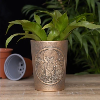 Pagan Moon Shadow Gazing Hare Bronze Colour Terracotta Plant Pot by Lisa Parker - Image 1 of 4