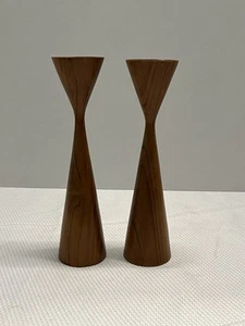 Mid Century Modern Pair Teak Wood Danish 8.5" Candlesticks Holders - Picture 1 of 10