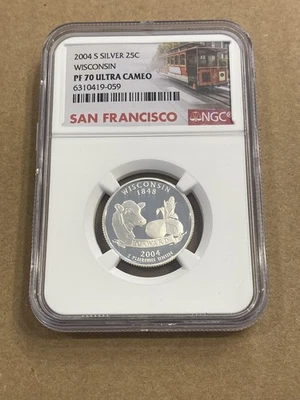2004 S Silver Proof Wisconsin Quarter NGC PF 70 Ultra Cameo Trolley - Image 1 of 2