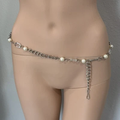 Chain Belt Faux Pearls Faux Crystal Beads Silver Tone 36" Adjustable - Image 1 of 4