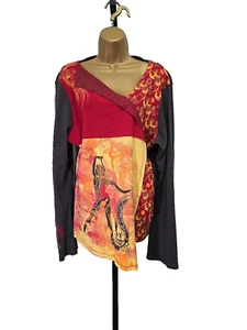 Cirque Du Soleil Top Tunic Womens XL Artsy Chocolate Peasant Asymmetrical Patch - Picture 1 of 10