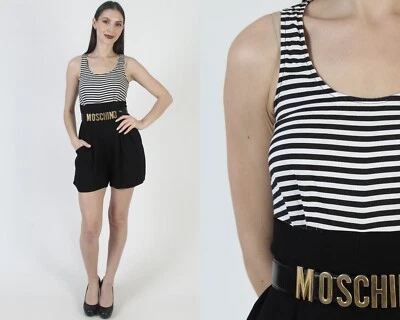 Vtg Black White Striped Romper Mini Shorts With Pockets Uniform Sailor Playsuit - Image 1 of 4