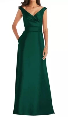 Vestido Alfred Sung Hunter Verde Fuera del Hombro Satinado $239 D811s Nuevo Talla 12 Foto 1 de 4