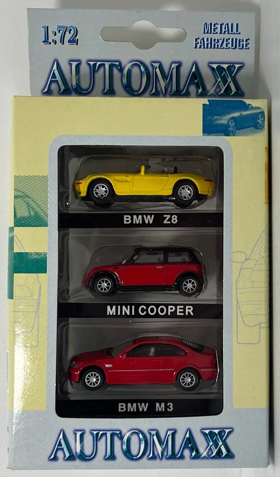 AUTOMAX 1/72 SCALE - SET OF 3x BMW Z8 MINI COOPER & BMW M3 DIECAST MODELS BOXED - Image 1 of 1