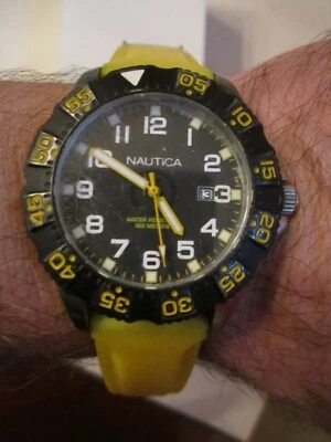 NAUTICA QUARTZ WATCH - A12642G - HEAVY CASE - YELLOW RUBBER BAND -BBA-31 - image 1 of 4