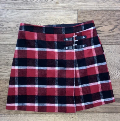 F&F red check wool blend faux wrap mini skirt Size 10 - Image 1 of 4