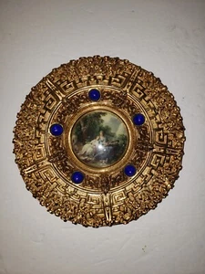 Registrado Gilt Metal Rococo Style Wall Plaque Handpainted insert 7" Woman Child - Picture 1 of 13