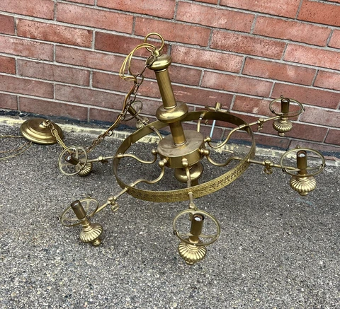 Ornate Hollywood Regency Crescent Brass 7 Arm light chandelier 34” PARTS REPAIR Cover