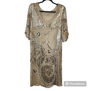 VTG Metamorphosis 80s Ivory Silk Sequin Flapper Dress Gown Medium Made In India 