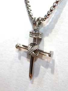 Stainless Steel Nail Cross Crystal Bling Necklace Pendant - Picture 1 of 2