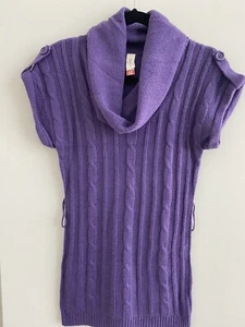 purple scoop neck short sleeve long sweater belt hoop women's size 3/5 - Picture 1 of 7