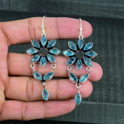 Natural Sky Blue Topaz Gemstone 925 Fine Silver Jewelry Handmade Earrings 3.03" - Image 1 of 4