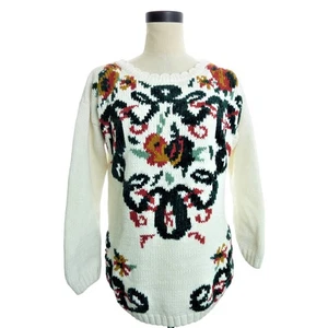 Vintage Floral Ugly Sweater Size S White with Green - Picture 1 of 6