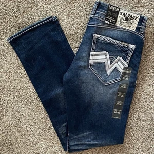 Salvage Mayhem Straight Jeans Mens 34x36 Regular Fit Buckle Dark Wash Embellish - Picture 1 of 5