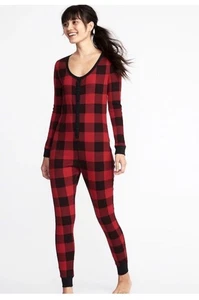 Old Navy thermal One Piece Bodysuit long John Large Tall Buffalo Check Red Black - Picture 1 of 4