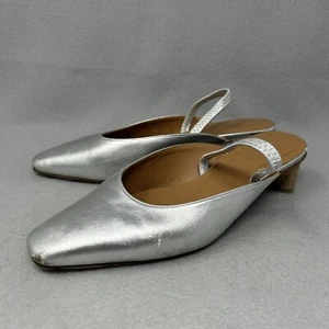 LoQ Women’s Size EU 37 Silver Leather Sling Back Wooden Low Heel Shoes. - Picture 1 of 12