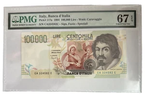 ITALY - P 117a - 100000 LIRE - 1994 - PMG SUPERB GEM UNC 67 EPQ CARAVAGGIO - CA - Picture 1 of 2