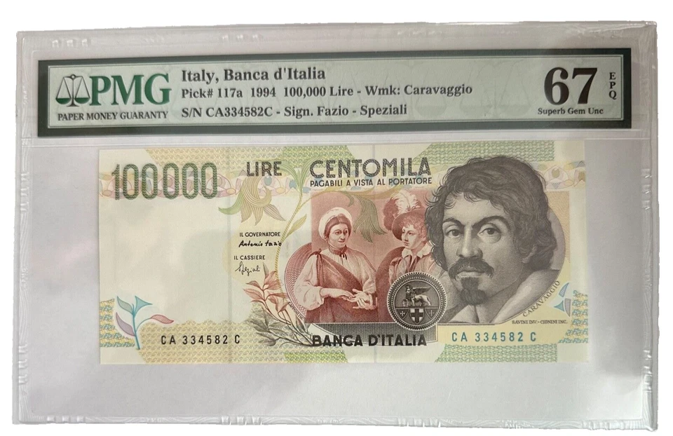 ITALY - P 117a - 100000 LIRE - 1994 - PMG SUPERB GEM UNC 67 EPQ CARAVAGGIO - CA - Image 1 of 2